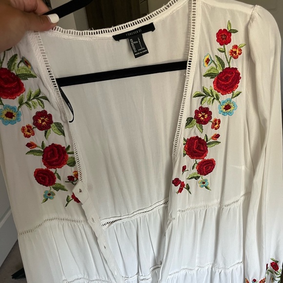 Forever 21 white coverup embroidered swim dress tie sleeves chic button down - Picture 3 of 6